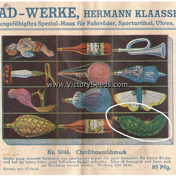 An example of a glass pickle ornament from the 1909 catalog of the Lyra Fahrrad-Werke, Prenzlau, Brandenburg, Germany.