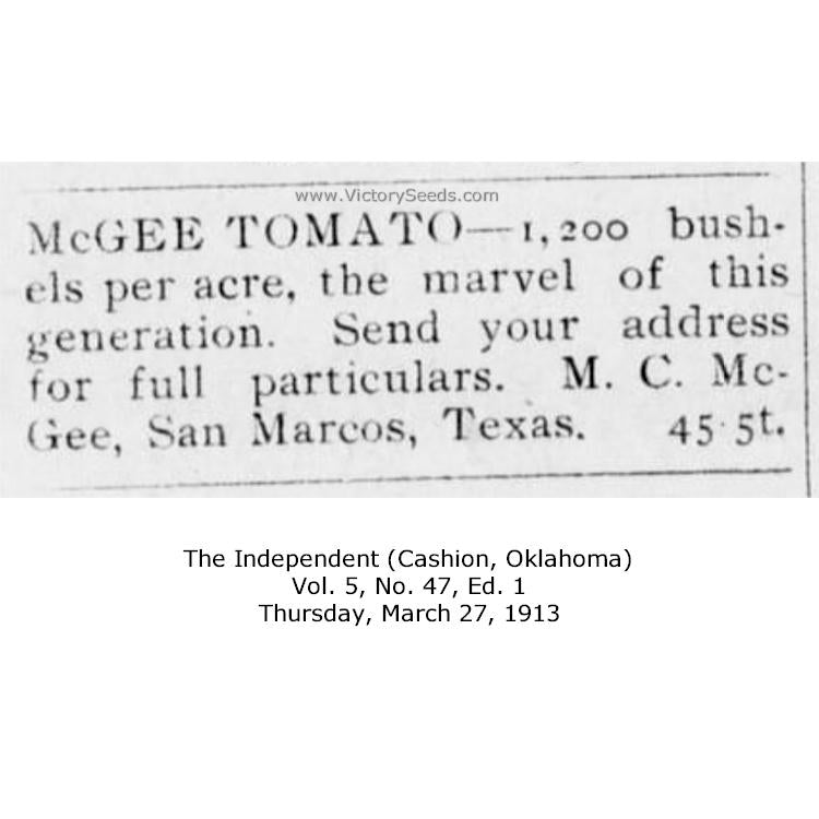 A newspaper advertisement M. C. McGee would run for selling his tomato.